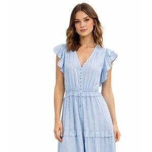 Love Token Blue Tiered Maxi Dress Ruffle Flutter Sleeve Slit Boho NWT S